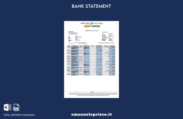 modello di versione word dell'estratto conto bancario dell'India Union in stile 